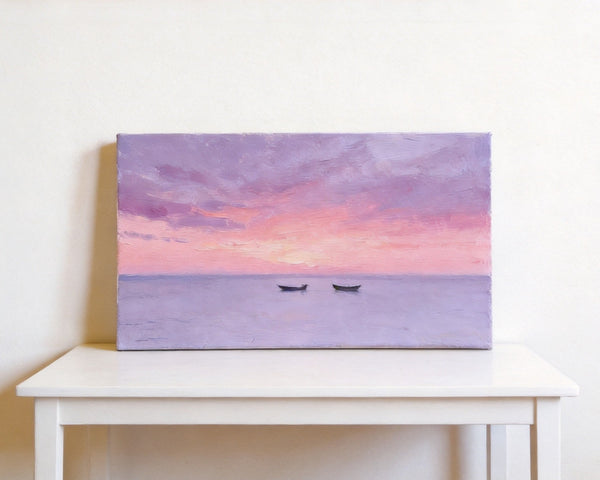Small Canvas Paintings, Sunset Paintings, Silence of the Twilight Sea, Original Seascape Paintings, Hand Painted Canvas Wall Art-artworkcanvas