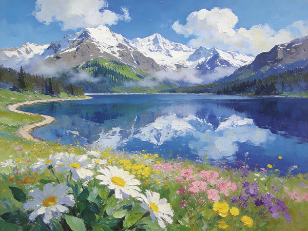 Snow-Capped Peaks Reflected in the Lake, Hand Painted Canvas Art, Small Oil Paintings on Canvas, Small Original Oil Paintings, Small Landscape Paintings-artworkcanvas