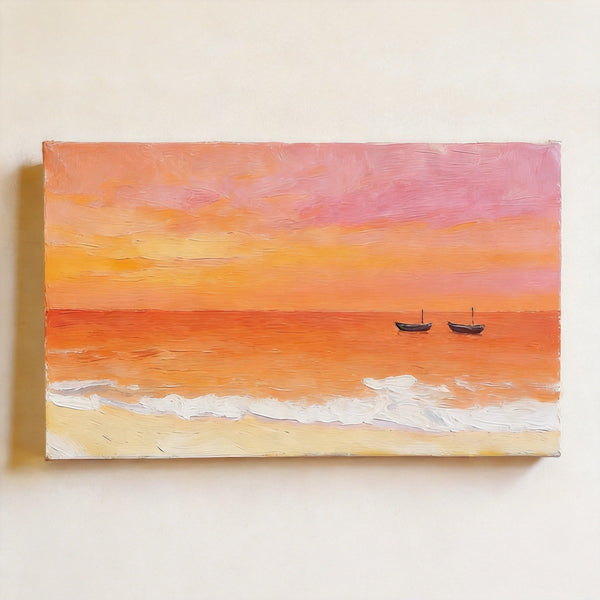 Small Canvas Wall Art Paintings, Sunset Paintings, Sailing Boats Adrift in Sunset Glow, Original Seascape Paintings, Hand Painted Canvas Artwork-artworkcanvas