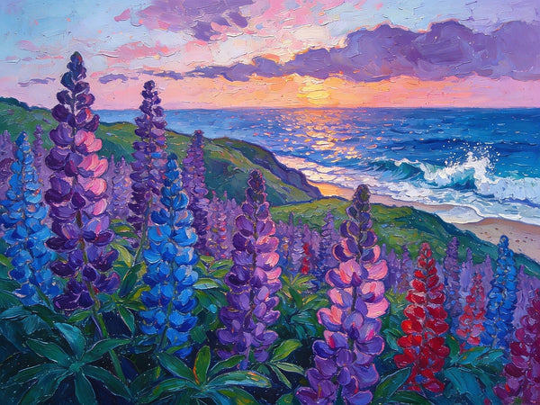 Seaside Lupines in Bloom, Heavy Texture Paintings, Original Small Landscape Paintings, Small Oil Paintings on Canvas, Small Paintings on Canvas, Hand Painted Canvas Art-artworkcanvas