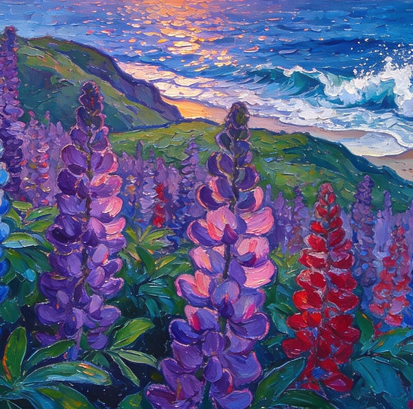 Seaside Lupines in Bloom, Heavy Texture Paintings, Original Small Landscape Paintings, Small Oil Paintings on Canvas, Small Paintings on Canvas, Hand Painted Canvas Art-artworkcanvas