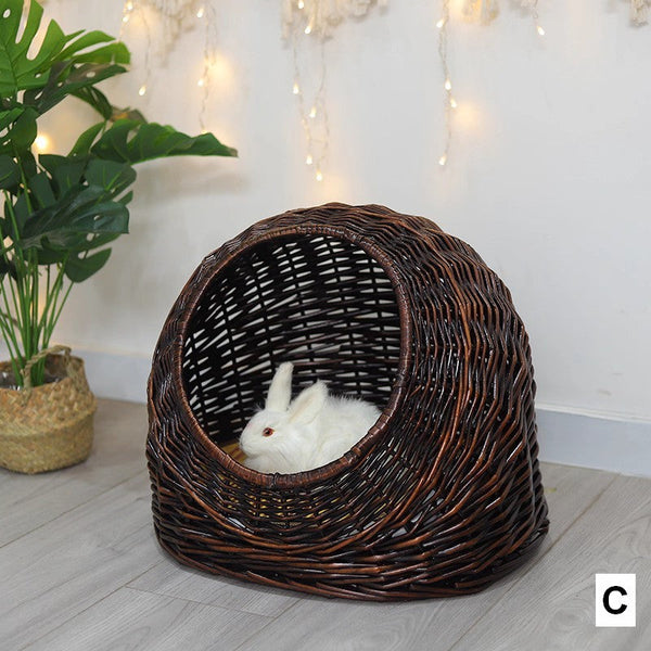 Hand woven Rattan Cat Bed, Natural Wicker Cat House Basket with Washable Cushion for Indoor Cats and Dogs