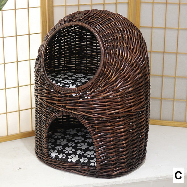 Large Double-Layer Cat Bed, Wicker Cat House Basket with Washable Cushion for Indoor Cats and Dogs-artworkcanvas