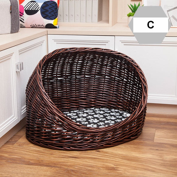 Natural Wicker Cat House Basket with Washable Cushion for Indoor Cats and Dogs, Hand woven Rattan Cat Bed-artworkcanvas