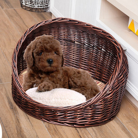 Natural Wicker Cat House Basket with Washable Cushion for Indoor Cats and Dogs, Hand woven Rattan Cat Bed-artworkcanvas