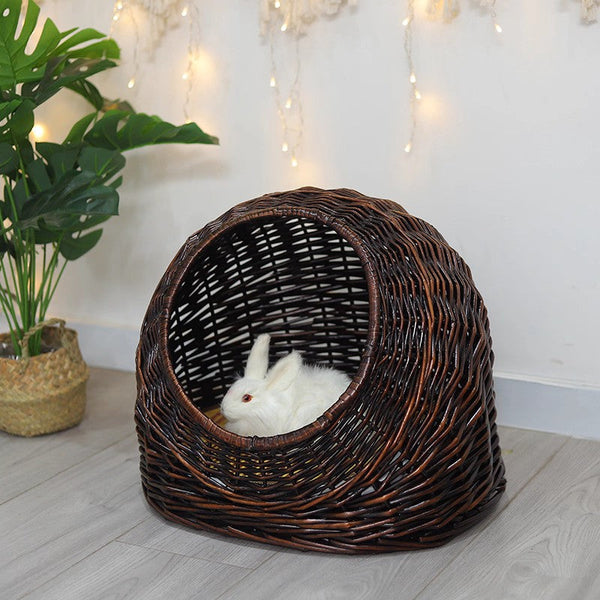 Hand woven Rattan Cat Bed, Natural Wicker Cat House Basket with Washable Cushion for Indoor Cats and Dogs