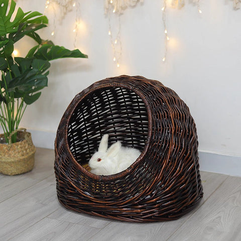 Hand woven Rattan Cat Bed, Natural Wicker Cat House Basket with Washable Cushion for Indoor Cats and Dogs