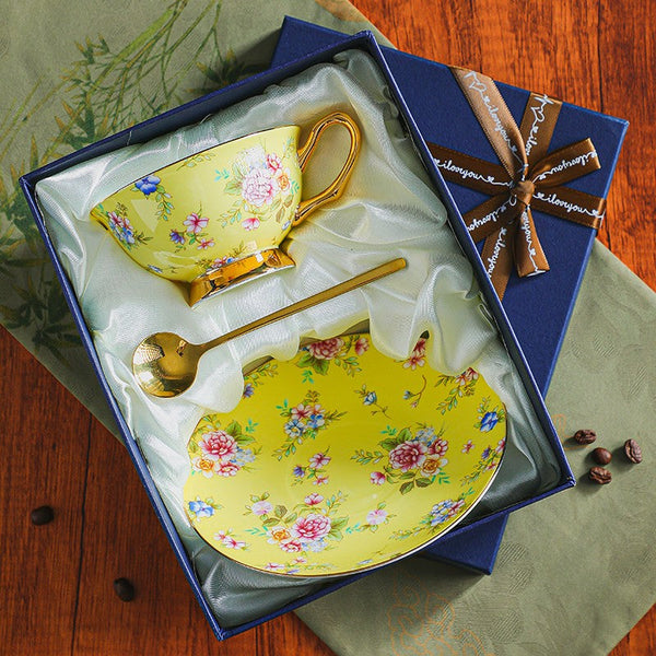 Ceramic Coffee Cup with Saucer, Traditional English Tea Cup and Saucer Set, Floral Porcelain Tea Cup and Saucer Set, Afternoon British Tea Cup with Saucer-artworkcanvas