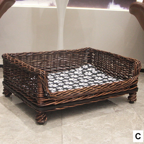 Large Natural Wicker Dog Bed with Washable Cushion for Indoor Cats and Dogs, Hand Woven Rattan Cat Beds-artworkcanvas