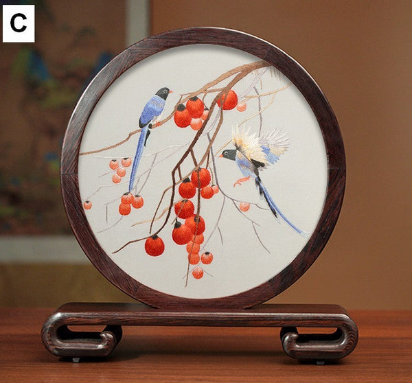 Flower and Bird Embroidery Ornaments, Unique Birthday Gift, Traditional Chinese Suzhou Silk Embroidered Ornament, Premium Souvenir, Exclusive Business Presents-artworkcanvas