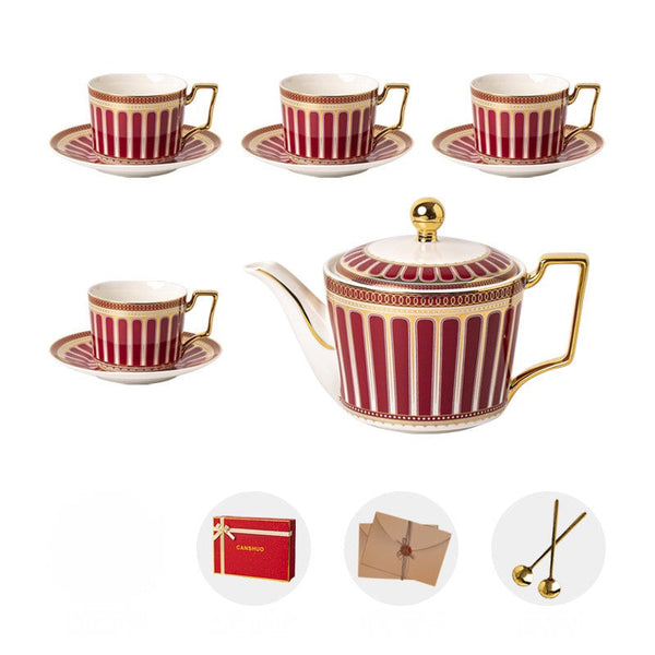 Beautiful Porcelain Tea Cup and Saucer Set of 4 cups, 7.4 oz Red Tea Cup and Saucer Set with Teapot in Gift Box, Modern Ceramic Coffee Cups-artworkcanvas