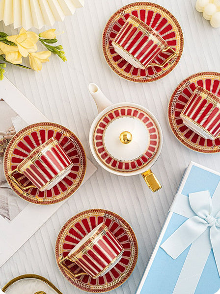 Beautiful Porcelain Tea Cup and Saucer Set of 4 cups, 7.4 oz Red Tea Cup and Saucer Set with Teapot in Gift Box, Modern Ceramic Coffee Cups-artworkcanvas