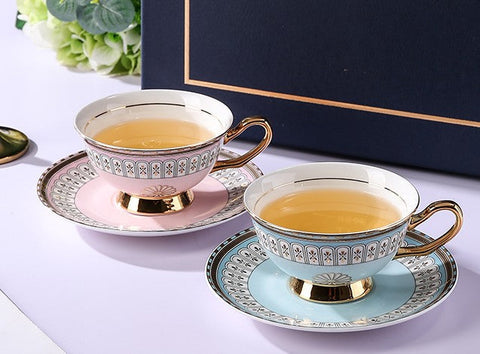 Royal Blue and Pink Bone China Porcelain Tea Cup Set, Tea Cups and Saucers in Gift Box, Elegant Ceramic Coffee Cups, Beautiful British Tea Cups-artworkcanvas