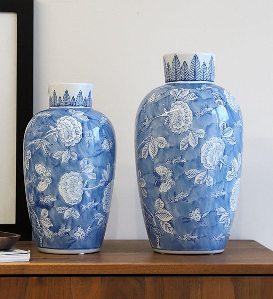 Centerpiece Ceramic Bouquet Vases, Handmade Modern Flower Vase, Large Flower Vases on Dining Table, Blue Porcelain Flower Vases-artworkcanvas