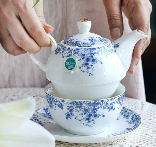 Mother and Baby Teapot with Matching Saucer British Style Porcelain Teapot with Matching Cup and Saucer in Gift Box, Ceramic Tea Pot with Integrated Cup, Stackable Teapot and Cup Set-artworkcanvas