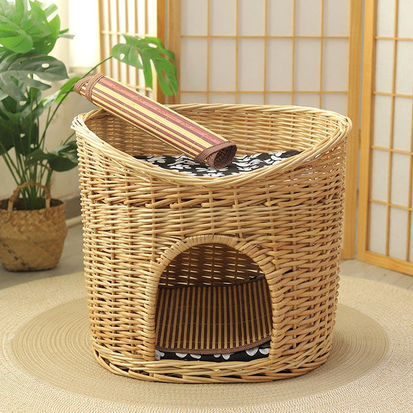 Washable Wicker Cat Bed, Wicker Cat House with Washable Cushion for Indoor Cats and Dogs-artworkcanvas