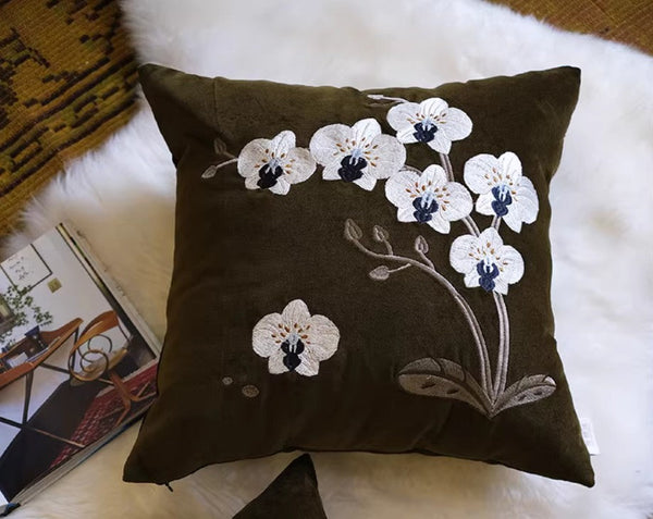 Large Decorative Pillows for Couch, Dark Olive Green Embroidered Moth Orchid Cushion, Decorative Pillow Arrangement Ideas for Couch, Living Room Decorative Pillows, Modern Throw Pillows for Bedroom-artworkcanvas