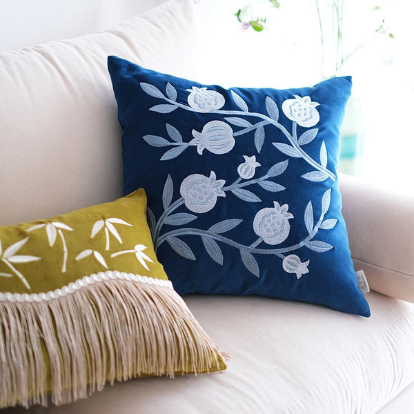 Large Decorative Pillows for Couch, Living Room Decorative Pillows, Blue Embroidered Pomegranate Cushion, Modern Throw Pillows for Bedroom, Decorative Pillow Arrangement Ideas for Couch-artworkcanvas
