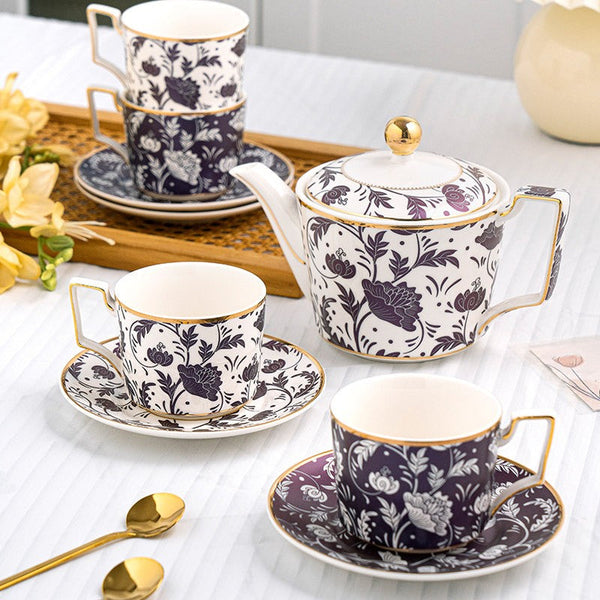 British Traditional Afternoon Tea Cup Set of 4 cups, 8 oz Ceramic Coffee Cup with Saucer in Gift Box, Porcelain Tea Cup and Saucer Set with Teapot-artworkcanvas