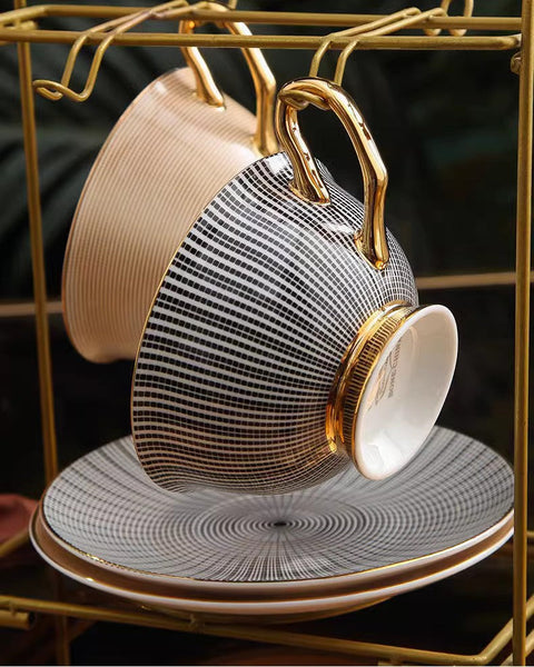 Elegant Ceramic Cups, Unique Modern Coffee Cup and Saucer, Creative Bone China Porcelain Tea Cup Set, Beautiful British Tea Cups-artworkcanvas