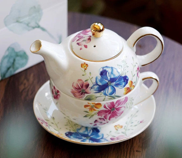 Ceramic Tea Pot with Integrated Cup, Stackable Teapot and Cup Set, Porcelain Teapot with Matching Cup and Saucer in Gift Box, Mother and Baby Teapot with Matching Saucer-artworkcanvas