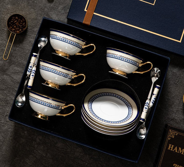 Blue Porcelain Tea Cup Saucer Set, Elegant British Ceramic Coffee Cups, Unique British Tea Cup and Saucer in Gift Box-artworkcanvas