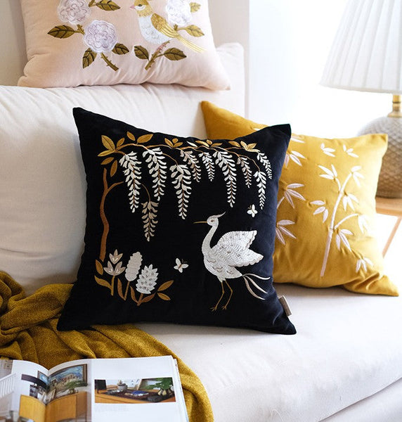 Decorative Pillow Arrangement Ideas for Bed, Embroidered Egret Cushion, Vintage Decorative Pillows, Luxury Decorative Pillows for Couch, Modern Throw Pillows for Couch-artworkcanvas