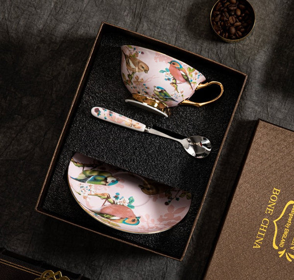 Unique Tea Cup and Saucer in Gift Box, Lovely Birds Ceramic Cups, 8 oz Ceramic Coffee Cups, Afternoon Porcelain Tea Cup Set-artworkcanvas