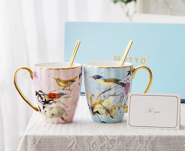 Elegant Ceramic Coffee Mug, Beautiful Bird Flower Ceramic Mug, Large Creative Bone China Porcelain Mug, Large Capacity Ceramic Mugs for Office