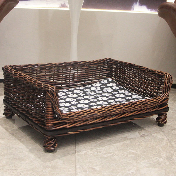 Large Natural Wicker Dog Bed with Washable Cushion for Indoor Cats and Dogs, Hand Woven Rattan Cat Beds-artworkcanvas