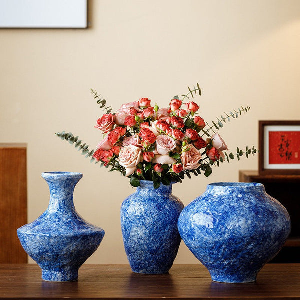 Modern Pottery Flower Vases, Handmade Water Holding Flower Vases, Centerpiece on Dining Table, Blue Pottery Bud Vases, Large Flower Vases on Table-artworkcanvas