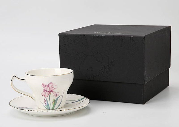 Iris Flower British Tea Cups, Beautiful Bone China Porcelain Tea Cup Set, Traditional English Tea Cups and Saucers, Unique Ceramic Coffee Cups in Gift Box-artworkcanvas