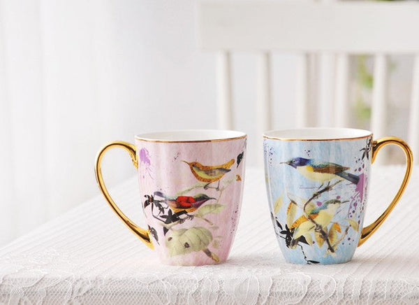Elegant Ceramic Coffee Mug, Beautiful Bird Flower Ceramic Mug, Large Creative Porcelain Mug, Large Capacity Ceramic Mugs for Office-artworkcanvas