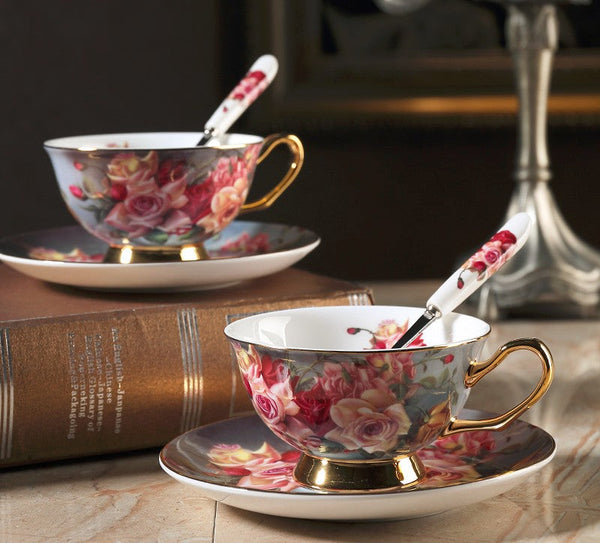 Ceramic Tea Cup and Saucer in Gift Box, Rose Flower Royal Porcelain Tea Cup Saucer Set, Elegant Ceramic Coffee Cups, Beautiful British Tea Cups-artworkcanvas