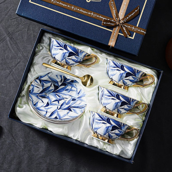 Blue Porcelain Tea Cup Saucer Set, 7.4 oz British Ceramic Coffee Cups, Unique British Tea Cup and Saucer in Gift Box-artworkcanvas
