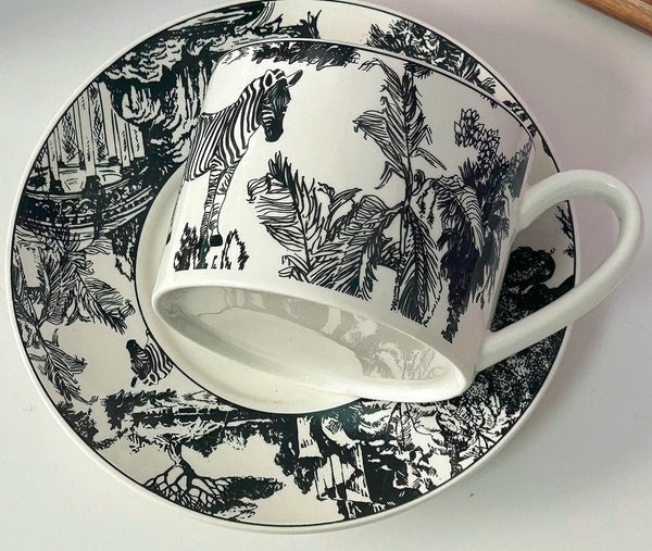 Royal Ceramic Cups, Elegant Ceramic Coffee Cups, 6.8 oz Tea Cup and Saucer in Gift Box, Zebra Jungle Porcelain Tea Cup Saucer Set-artworkcanvas
