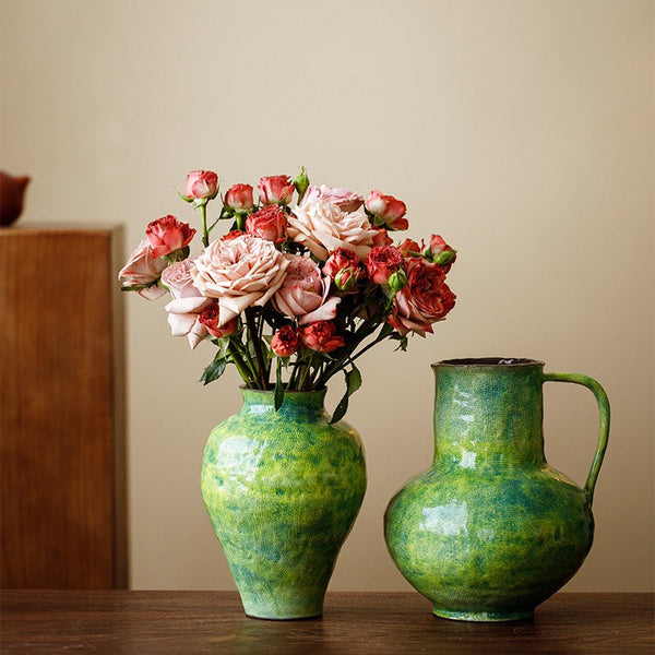 Modern Pottery Flower Vases, Handmade Water Holding Flower Vases, Pottery Bud Vases, Large Green Flower Vases on Table, Centerpiece on Dining Table-artworkcanvas