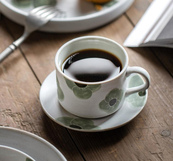 Cappuccino Coffee Cup, Spring Flower Coffee Cup, Rustic Tea Cup, Pottery Coffee Cups, Coffee Cup and Saucer Set-artworkcanvas