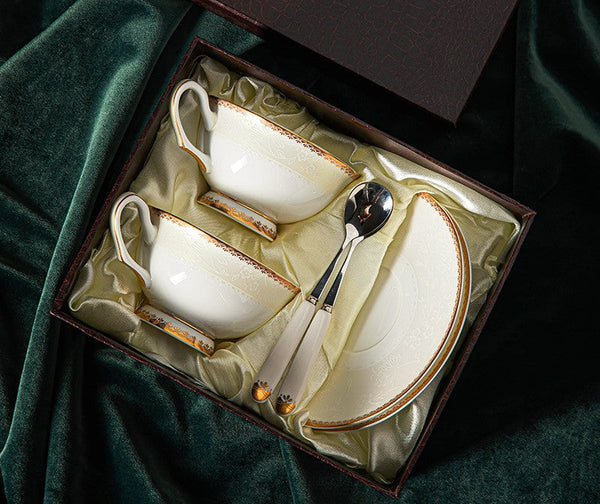 Porcelain Coffee Cup Set, White Ceramic Cups, 7.8 oz British Ceramic Coffee Cups, Unique Tea Cup and Saucer in Gift Box-artworkcanvas