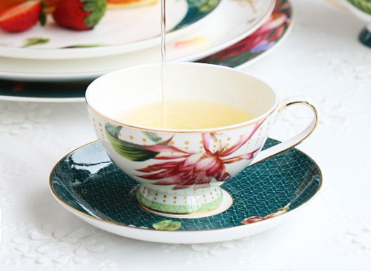 Lotus Flower Porcelain Tea Cup Saucer Set, Elegant Ceramic Coffee Cups, Beautiful British Tea Cups, Traditional English Tea Cup and Saucer-artworkcanvas