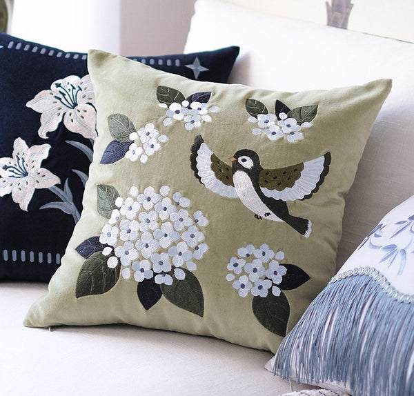 Decorative Pillow Arrangement Ideas for Couch, Living Room Decorative Pillows, Embroidered Swallow Birds Cushion, Large Decorative Pillows for Couch, Modern Throw Pillows for Bedroom-artworkcanvas