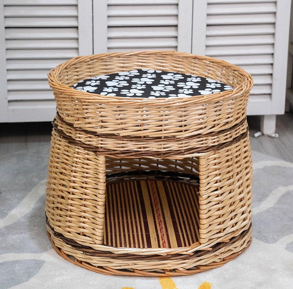 Large Double-Layer Cat Bed, Wicker Cat House Basket with Washable Cushion for Indoor Cats and Dogs-artworkcanvas