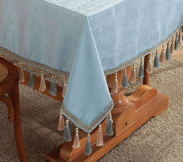 Light Blue Fringes Tablecloth for Home Decoration, Square Tablecloth for Round Table, Modern Rectangle Tablecloth, Large Simple Table Cloth for Dining Room Table-artworkcanvas