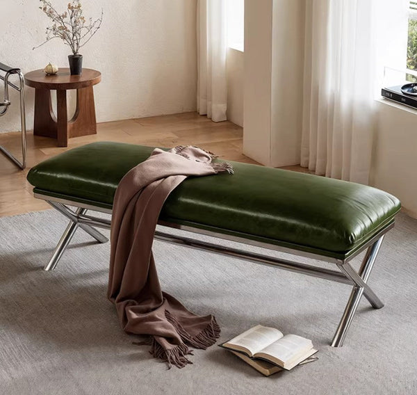 Luxury Genuine Leather Entry Bench, Upholstered Shoe Bench, Contemporay Bedroom Bench, Narrow Entryway Bench, Modern Shoe Changing Ottoman, Mid-Century Hall Bench-artworkcanvas