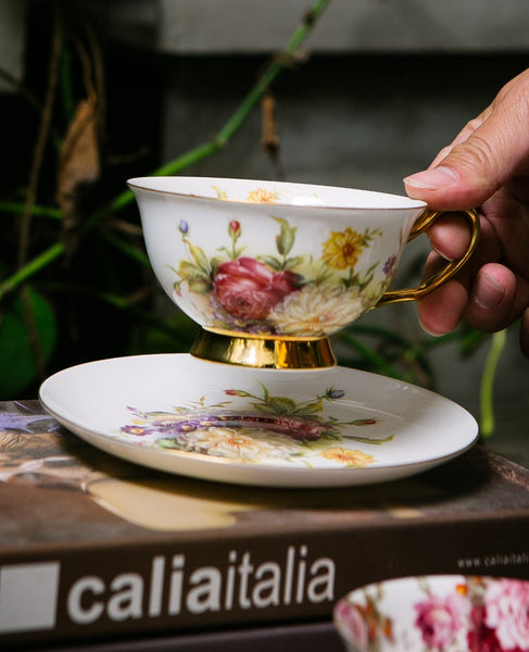 Elegant Rose Flower Ceramic Cups, Unique Royal Coffee Cup and Saucer, Creative Porcelain Tea Cup Saucer Set, Beautiful British Tea Cups-artworkcanvas