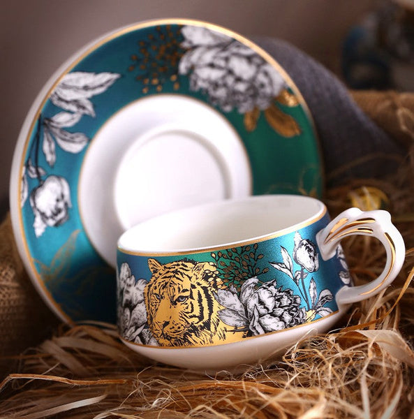 Creative Ceramic Tea Cup and Saucer, Jungle Tiger Cheetah Porcelain Coffee Cups, Unique Ceramic Cups with Gold Trim and Gift Box-artworkcanvas