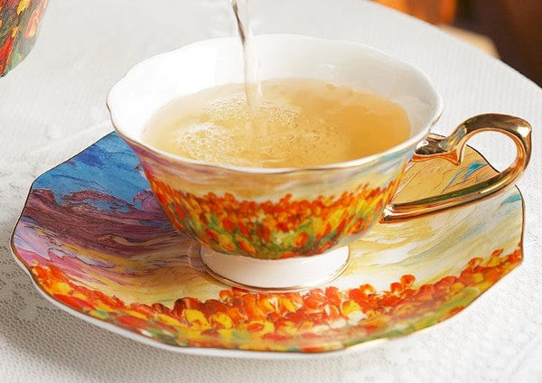 Elegant Ceramic Coffee Cups, Flower Field Vintage Porcelain Tea Cup Saucer Set, Unique British Tea Cup and Saucer in Gift Box, Royal Ceramic Cups-artworkcanvas