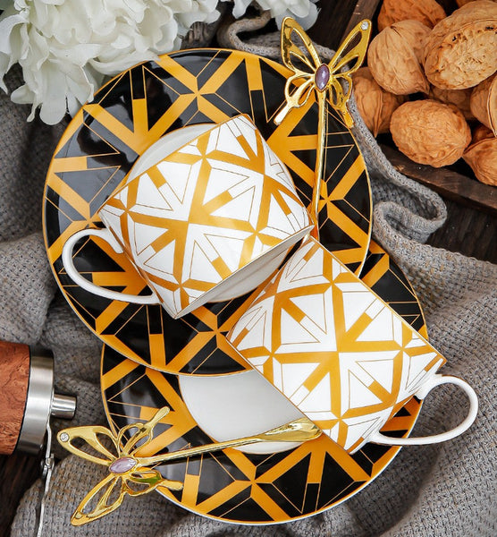 Modern Coffee Cup and Saucer, 8 oz Ceramic Cups, Creative Porcelain Tea Cup Saucer Set, Beautiful British Tea Cups-artworkcanvas
