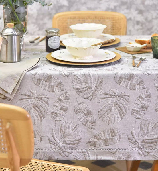 Monstera Leaf Modern Table Cloths for Kitchen, Simple Contemporary Grey Cotton Tablecloth, Large Rectangle Table Covers for Dining Room Table, Square Tablecloth for Round Table-artworkcanvas