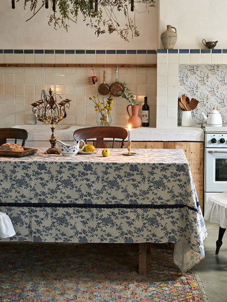 Extra Large Vintage Rectangle Tablecloth for Dining Room Table, Rustic Farmhouse Table Cover for Kitchen, French Flower Pattern Tablecloth for Round Table-artworkcanvas